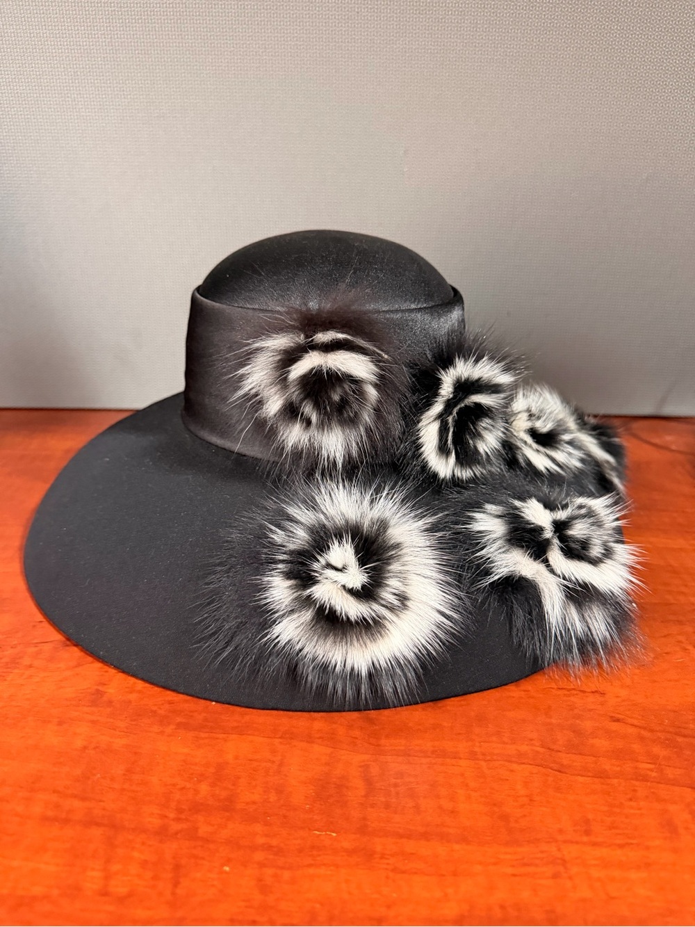 ML Studio Black Wide-Brim Wool Hat with Black & White Fur Pom Details